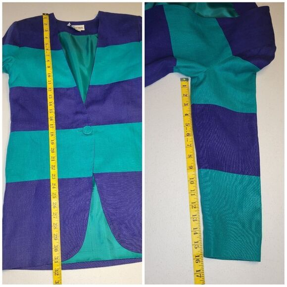 Linda Lewis Vintage Linen Blue and Teal Women's Longline Blazer Jacket - Picture 10 of 10